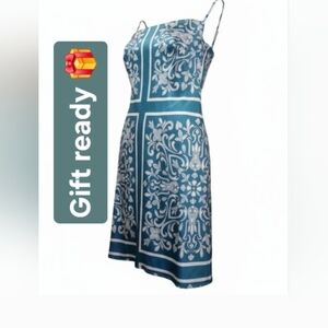 NEW Forever 21 Blue & White Baroque Scarf Print Satin Slip Dress - Size S (NWT).